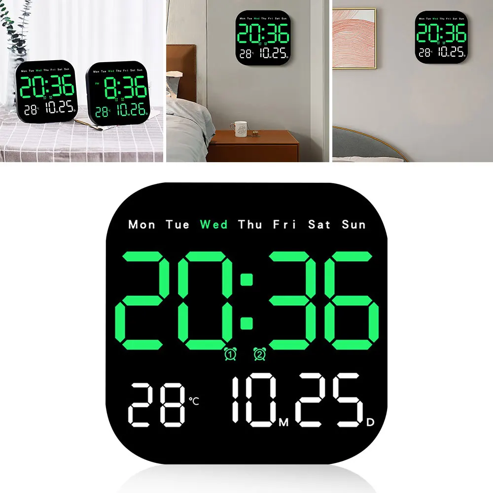 

Digital Wall Clocks Display Time Temperature Week Electronic Table Clock 12/24H Wall-mounted LED Alarm Clock with Remote Control