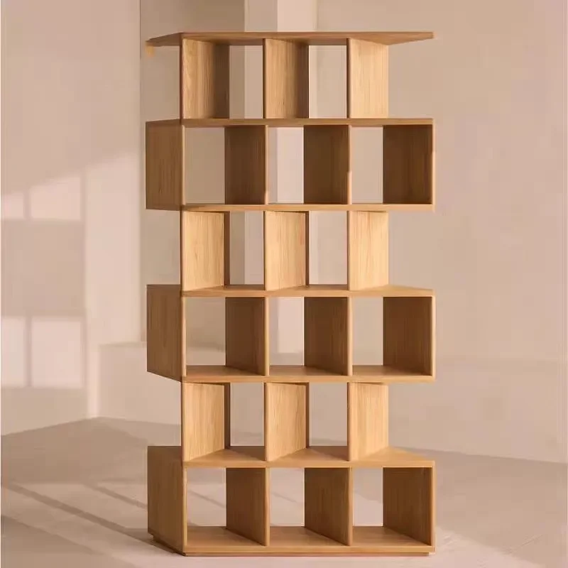 Nordic Simple Solid Wood Bookshelf Living Room Floor to Ceiling Display Cabinet Log Partition Shelf Wabi Sabi Study Bookcase