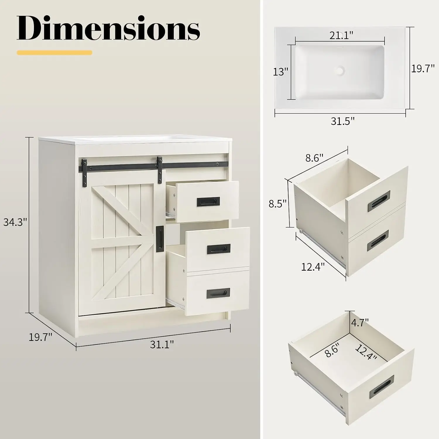 Large Farmhouse Bathroom Vanity With Ceramic Sink Combo, Freestanding Wood Restroom Storage Cabinet Featuring Smooth Sliding Barn Door And Utility Drawers For Small Apartment Home Powder Room, Distressed White - view 2