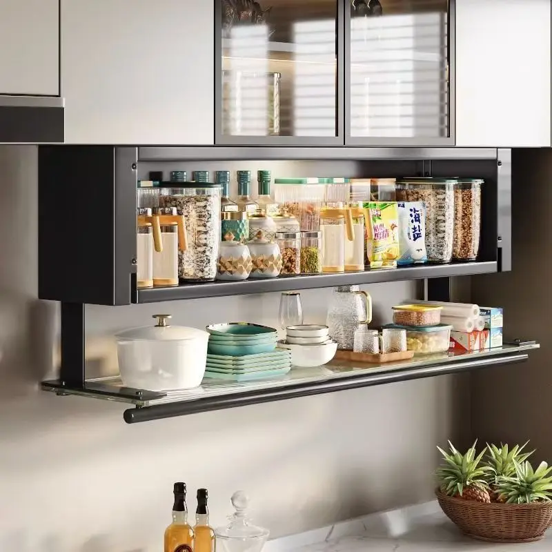 Wall-Mounted Kitchen Spice Storage Cabinet Carbon Steel Tempered Glass Pull-Down Door Or Cm Options Condiments Snacks Dishes