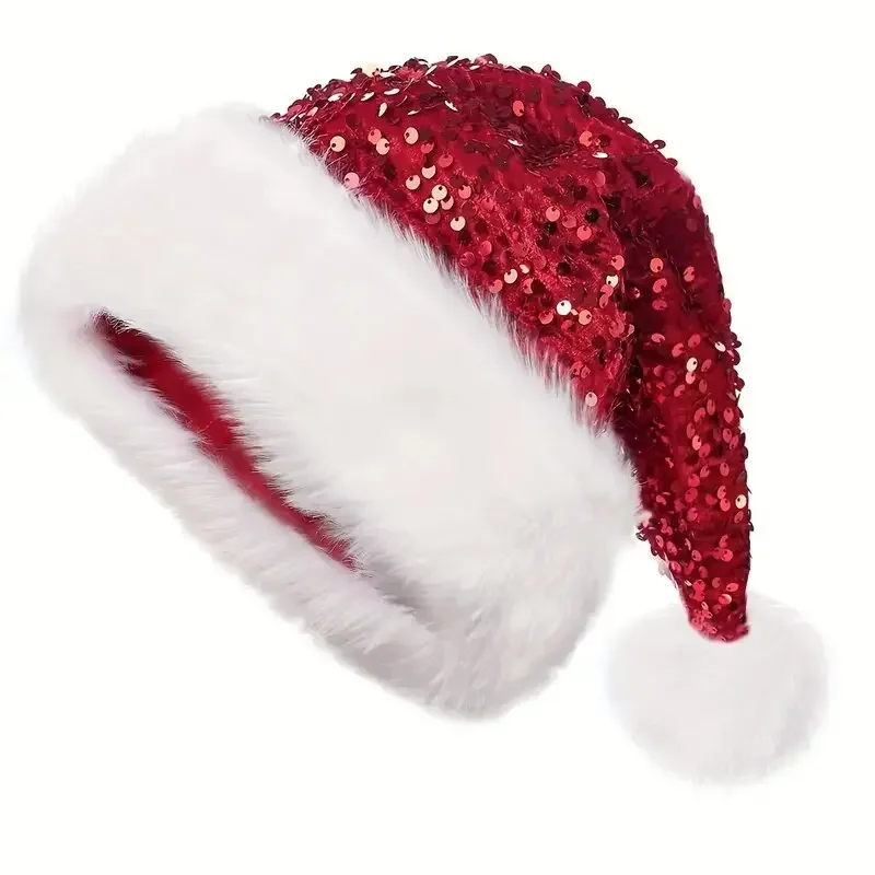 Glitter Santa Claus Christmas Hat Sequin Cap Holiday Party Carnival Performance Hat Christmas Supplies for Men and Women