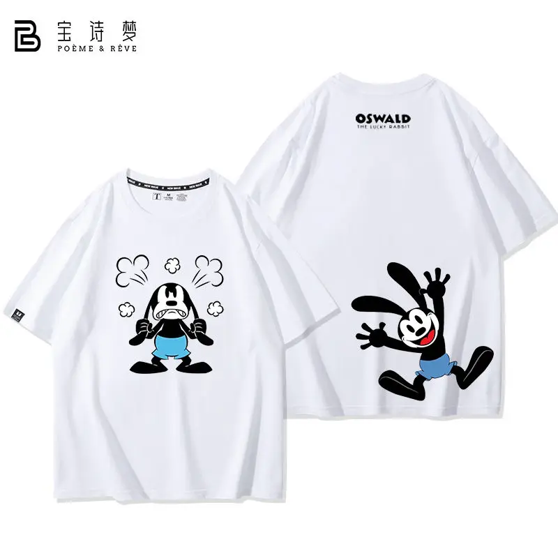 Disney Oswald Lucky Rabbit Mickey Mouse Printed Loose Crew Neck T-Shirt Short Sleeve Male and Female Couples