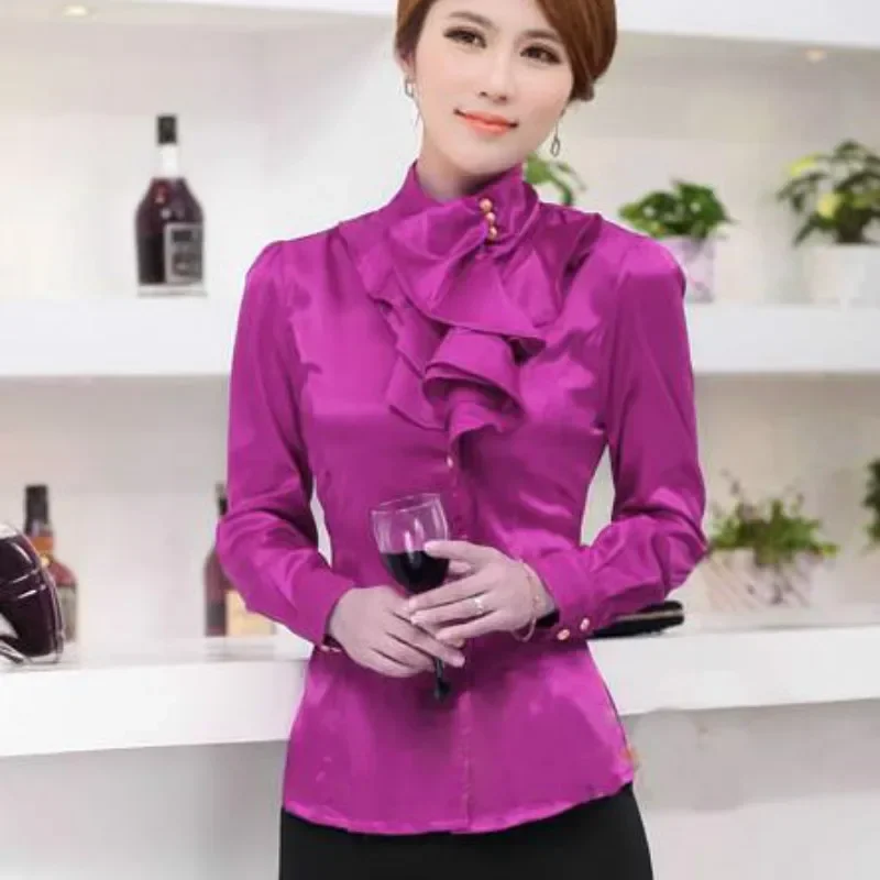 Puls Size Satin Blouse women Fashion Women Office Blouse Long Sleeve Shirt Women Work Wear Sheer shirt Women