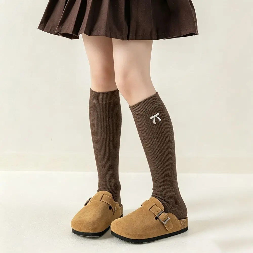 Cute Ribbed Knit Girls Knee High Socks Bow Detail Soft Breathable Long Tube Stockings Bow Long Socks Women