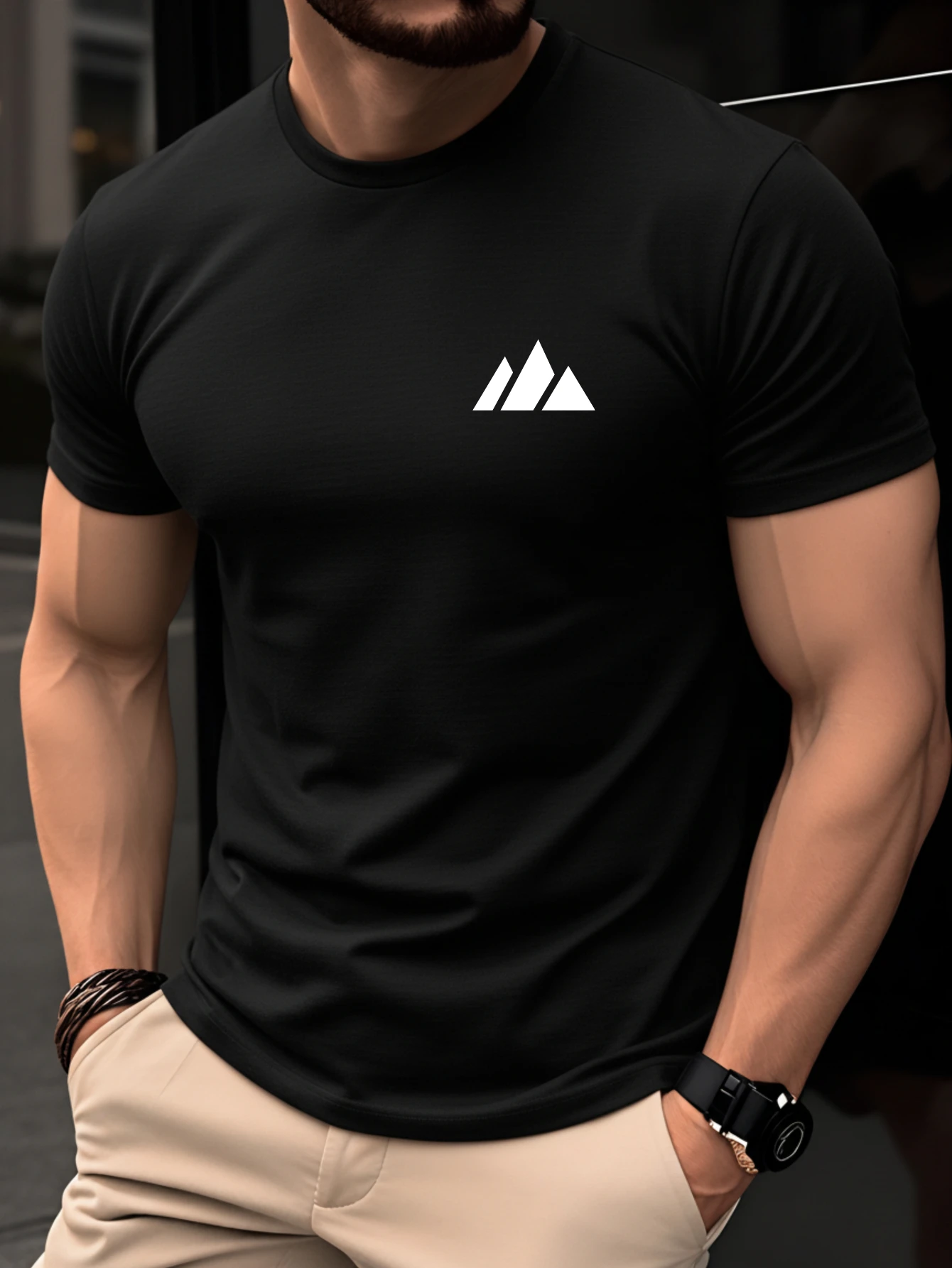 Men Trendy Minimal‑Style Tee Shirt, Small Mountain Triangle Symbol Chest Print Short Sleeve Crew Neck Everyday Casual T‑Shirt