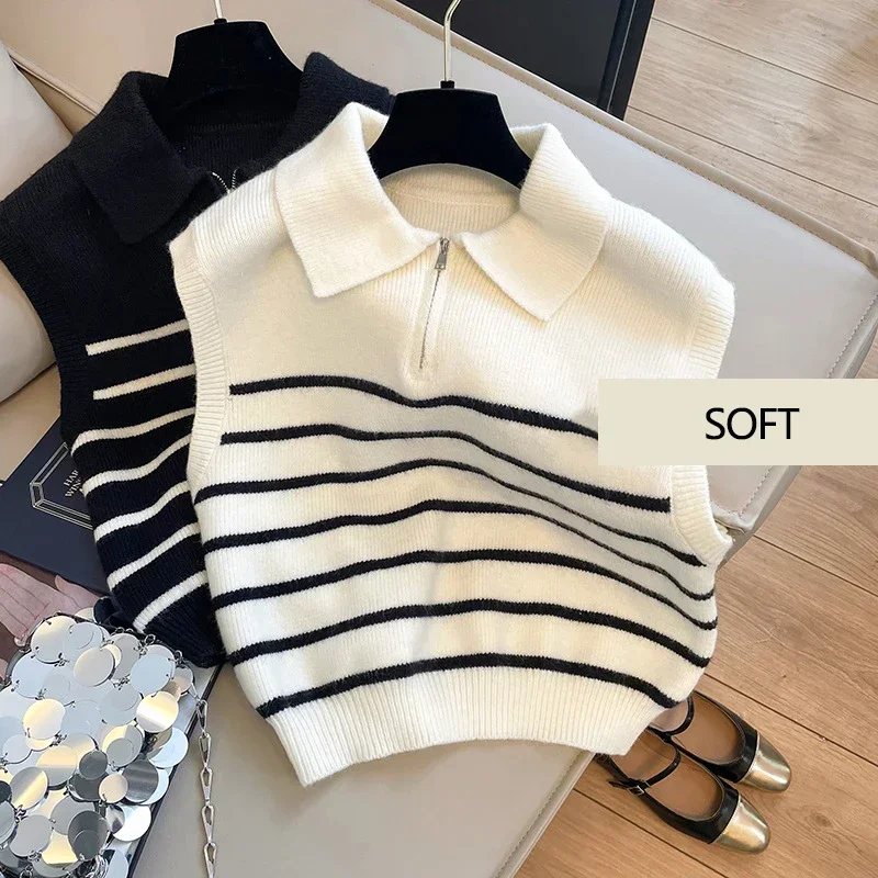 Retro lapel zipper stripe knitted waistcoat women Autumn Winter Korean fashion sleeveless sweaters casual simple pullover vest