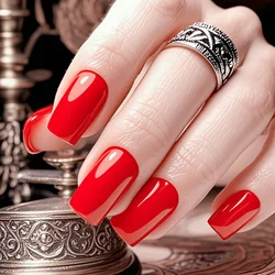 24Pcs Long Square Fake Nails With Jelly Glue Glossy Deep Red Artificial Press On False Nails DIY Finger Tip Manicure Tool