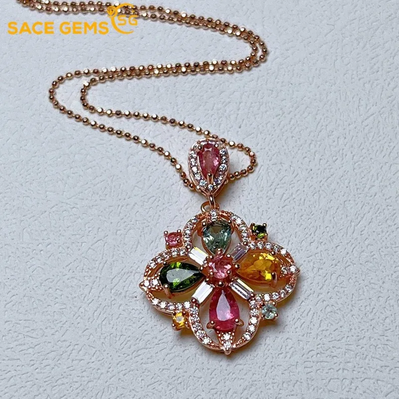 

SACE GEMS Luxury 100% 925 Sterling Silver Colourful Tourmaline Pendant Necklaces for Womne Sparkling Fine Jewelry Birthday Gift