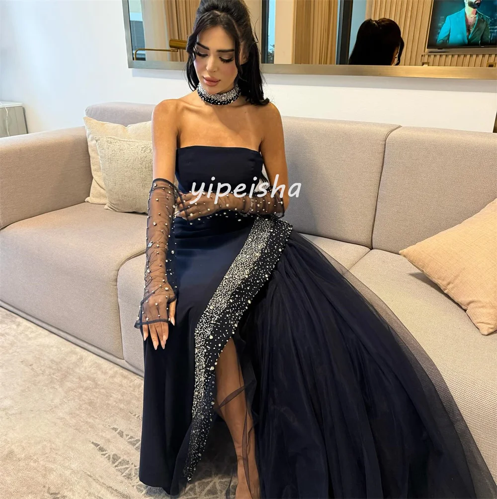 Abiti lunghi senza spalline dritti con paillettes in jersey intricato personalizzato di alta qualità Abiti da cerimonia su misura eleganti