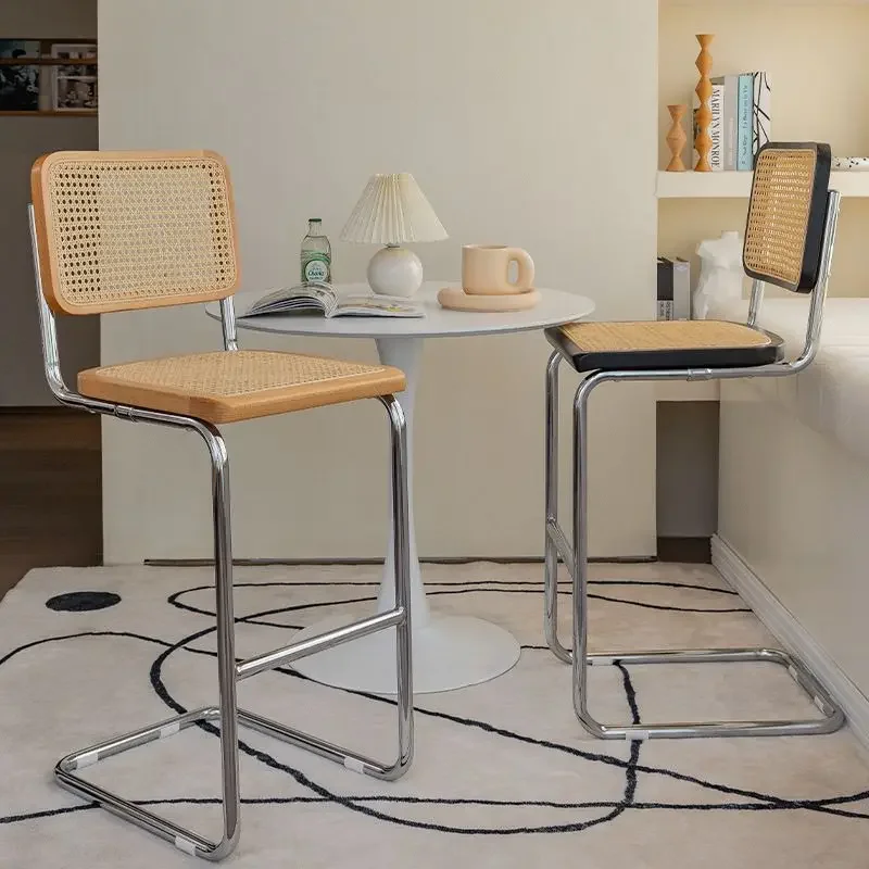 Retro Rattan Bar Stool, Counter Stool with Metal Frame , Stylish Bar Chair for Kitchen Island, Home Bar Mid-Century Modern Decor