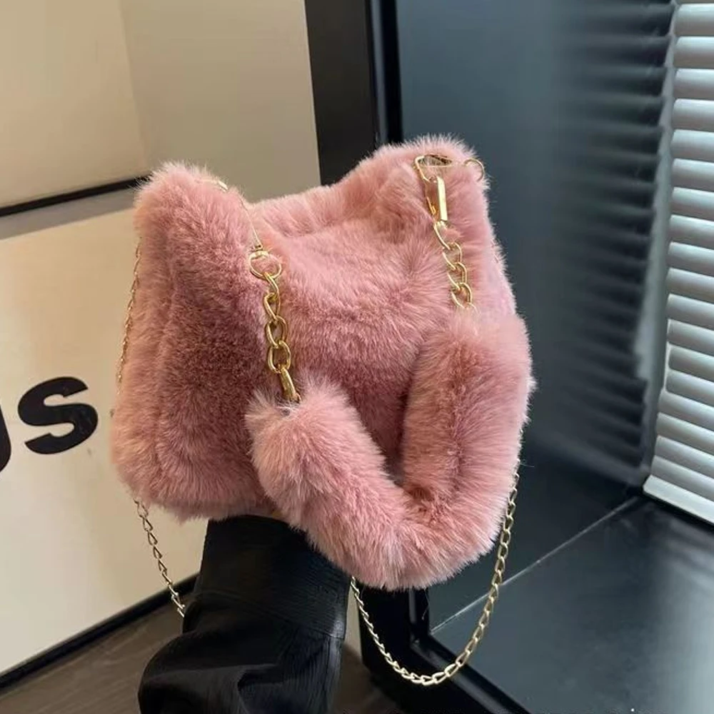 Herbst- und Winter-Plüsch-Handtasche für Damen, Trendige Nischen-Ketten-Mode Kleine Quadratische Tasche, Pelzige Tasche – Detail 6