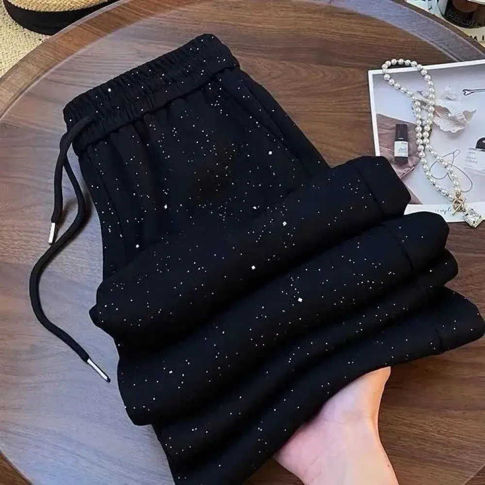 Elegant Womens High Waist Straight Trousers Sparkling Glitter Design Casual Summer Pants Fashionable Loose Fit Bottoms