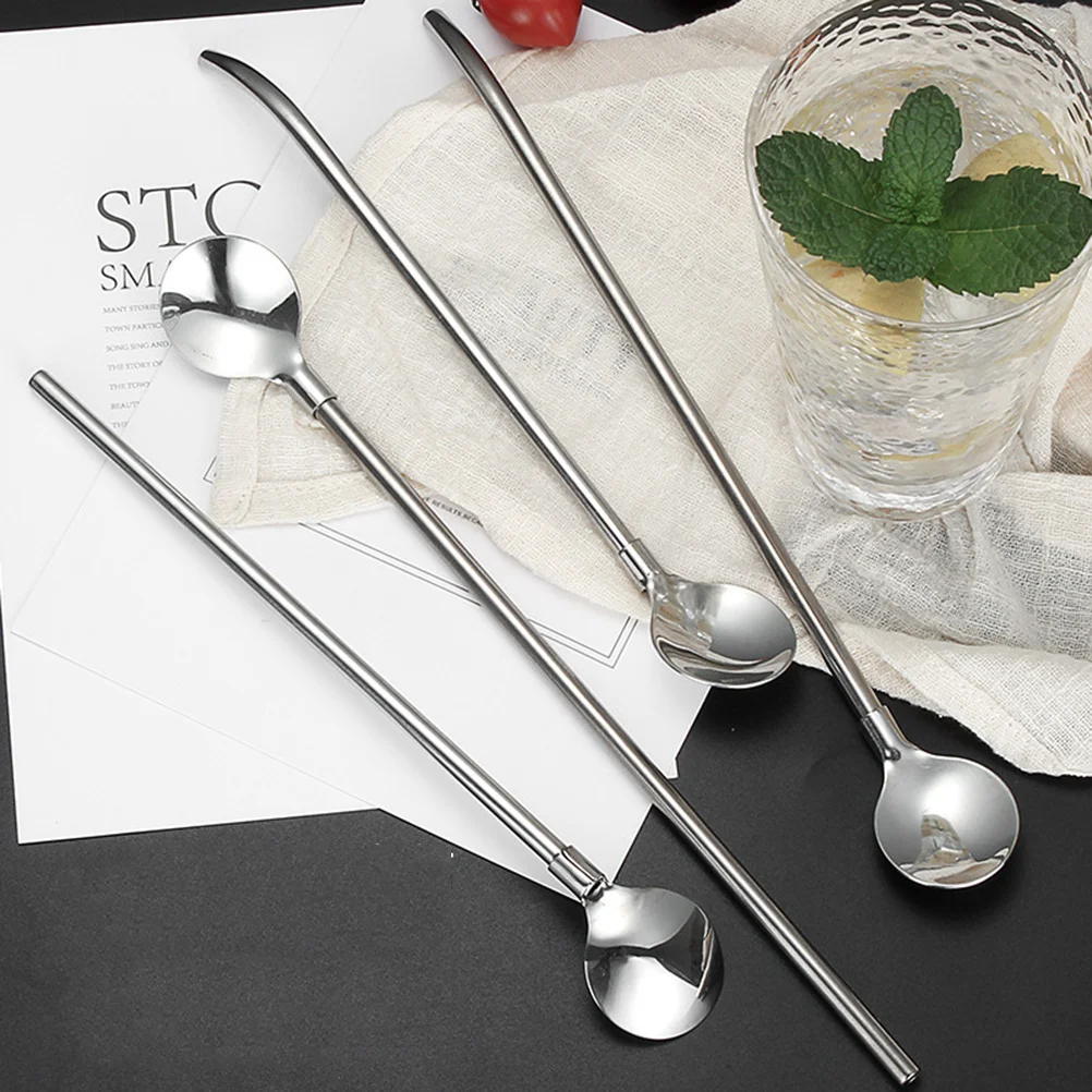 

5pcs Stainless Steel Straw Set For Coffee Tea Drinks Honey Stirring Spoon Reusable Drinking Straws Spoon Bar Tool Kit Outdoor