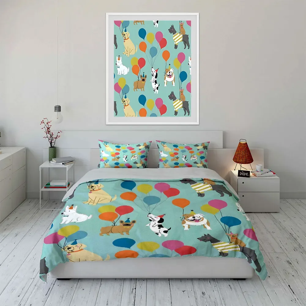 Dogs Party Balloon Decor Set Multiple sizes kid's and adults' bedroom Exquisite 3PC bedding set, gift