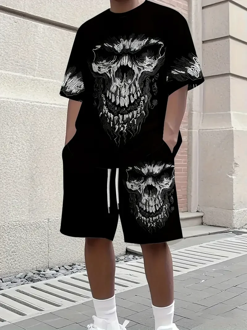 Men's 3D Printed Breathable Outdoor Sports Set - Summer T-shirt and Shorts Two Piece Set, Large Size