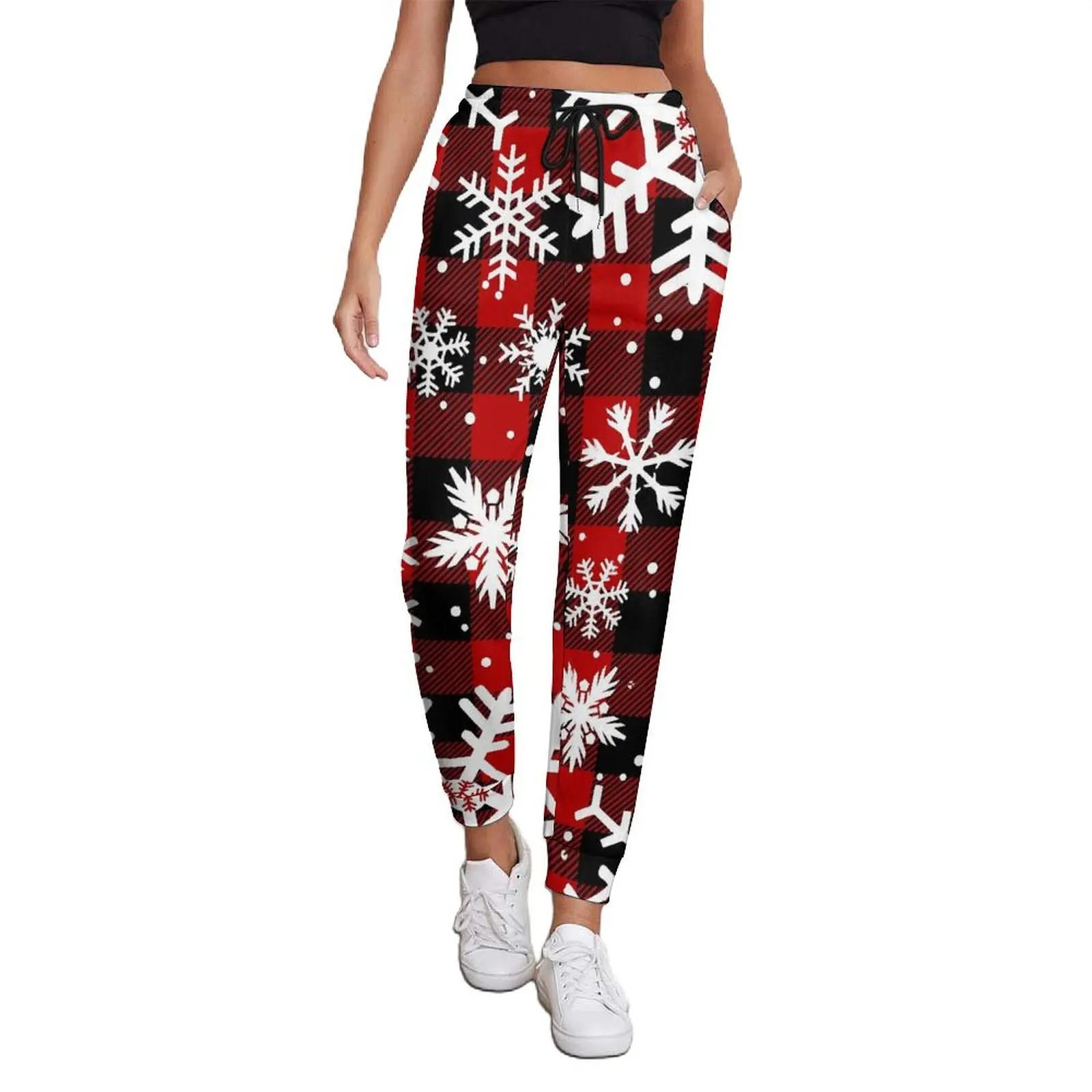 Christmas Snowflakes Jogger Pants Woman Red and Black Plaid Casual Sweatpants Autumn Printed Streetwear Oversize Trousers Gift