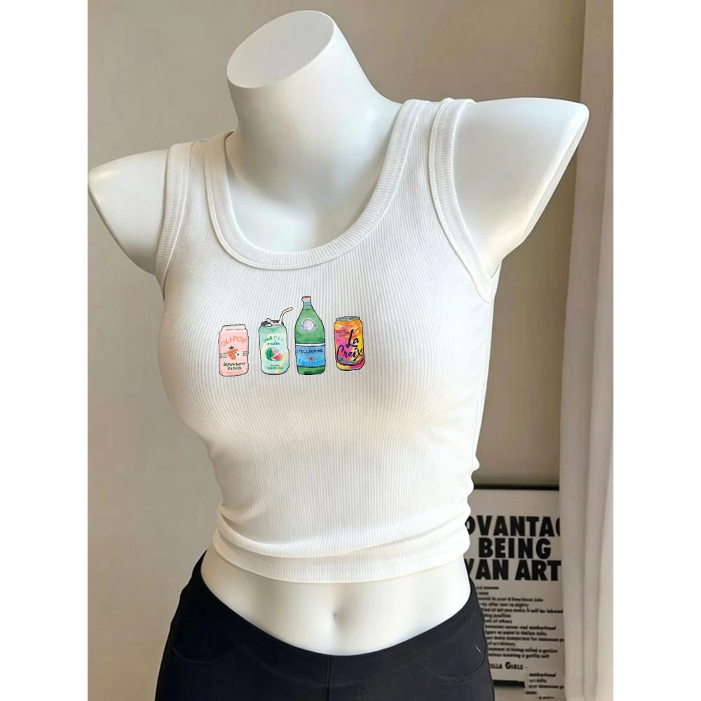 Assorted Color Drink Cans and Bottle Graphic Y2K Camisole Ribbed Tank Tops Slim Crop Top Sleeveless High Neck Cropped Cami Vest