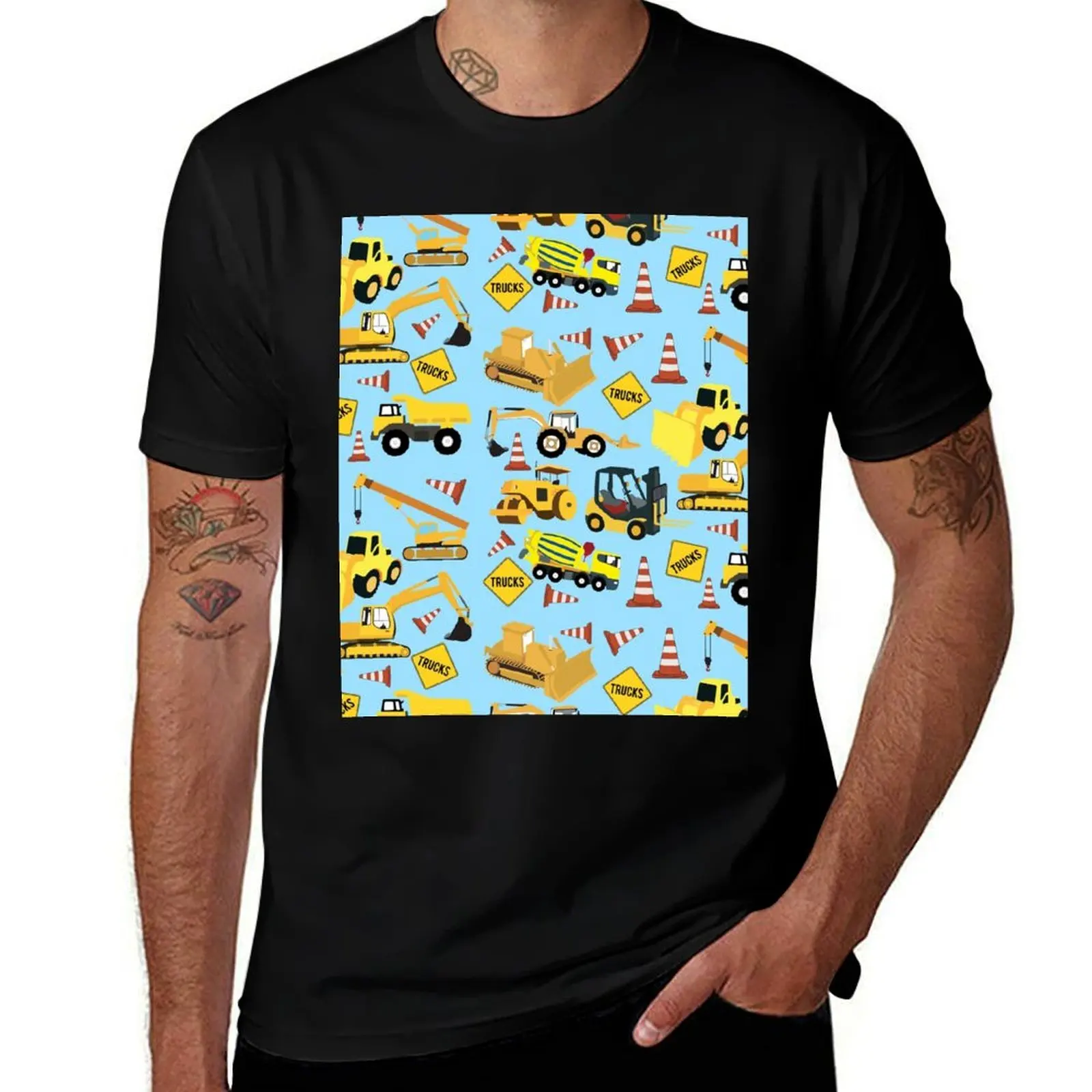 Construction Trucks Vehicles Pattern - Excavator, Backhoe and more. T-Shirt graphic t shirt vintage black t-shirts for men