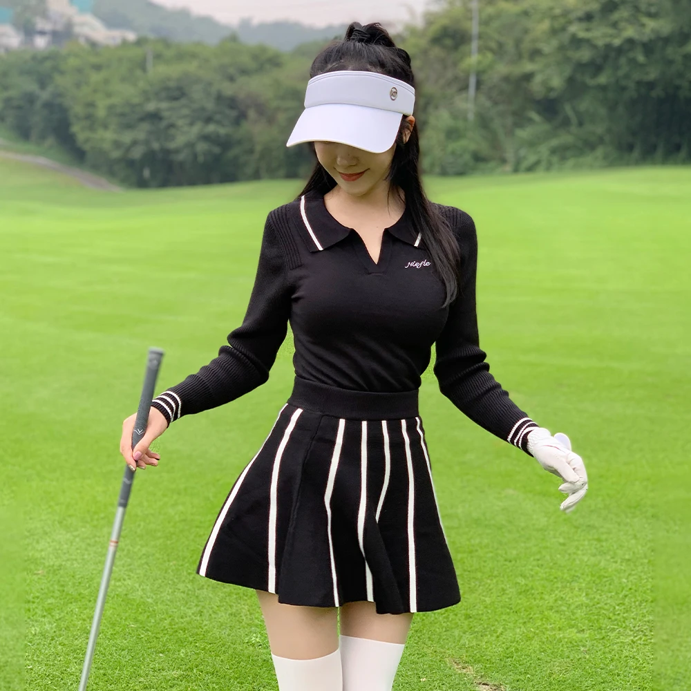 new-golf-women's-long-sleeve-collar-sweater-set-skirt-casual-sports-warm-warm-windproof-comfortable-and-skin-friendly