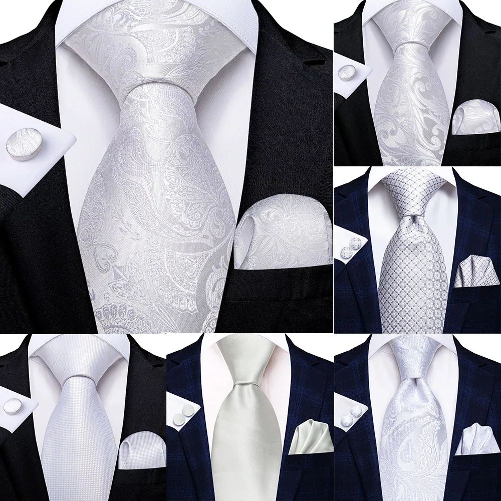 Elegent homens laços branco floral hanky abotoaduras conjunto de seda gravatas festa de casamento negócios gravata masculina 2023 nova marca de moda hi-tie