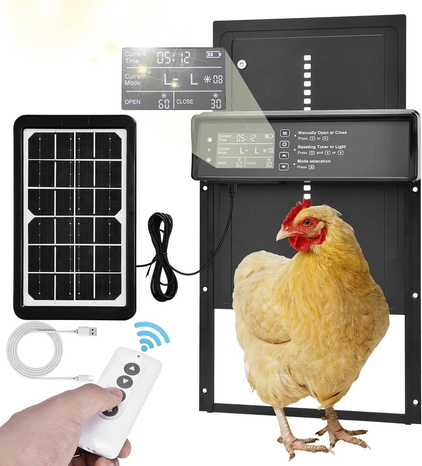 

Solar Auto Chicken Coop Door Automatic Chicken Door Solar Powered & USB Charging Chicken Door 4 Modes with Timer & Light Senso