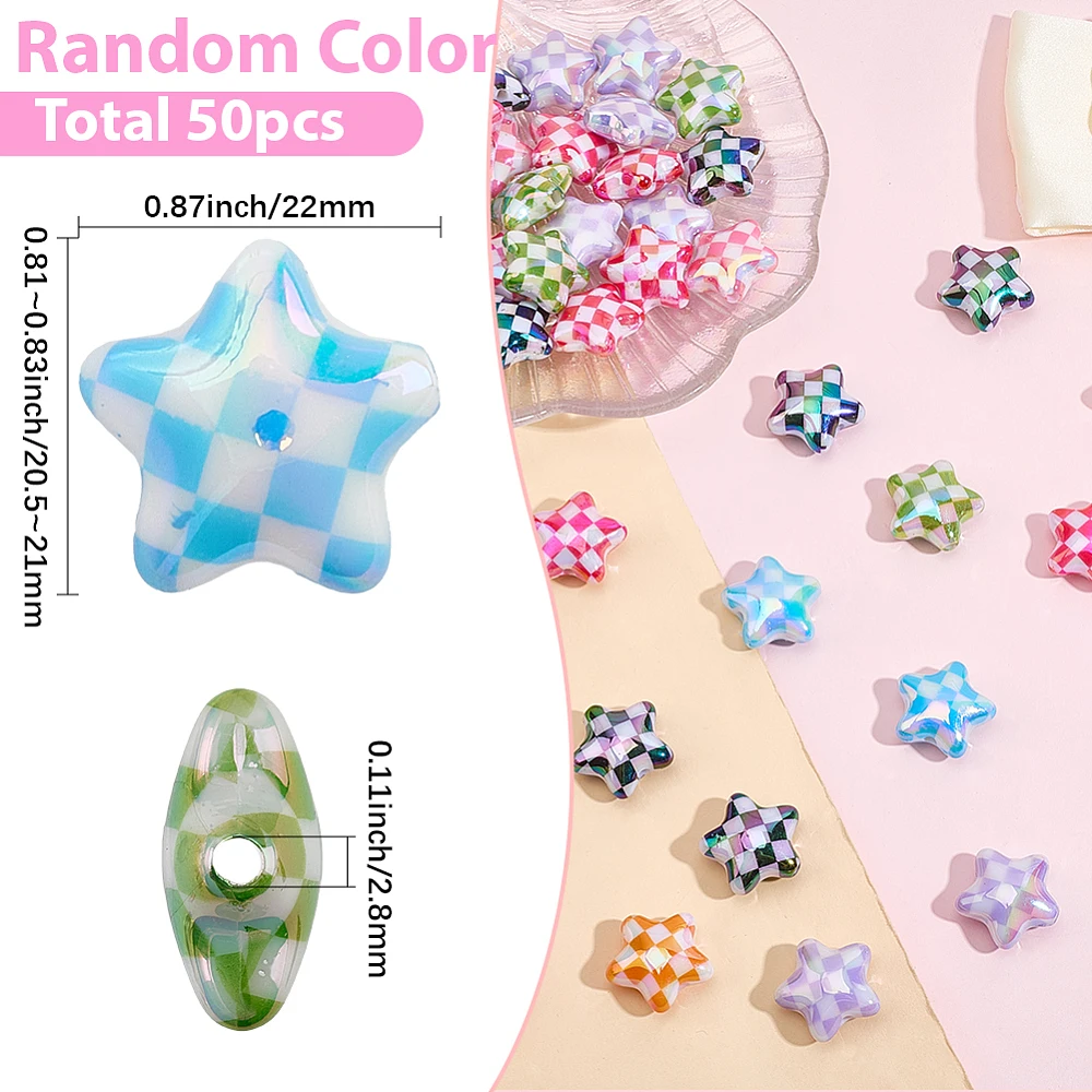 1 Box 50Pcs Acrylic Star Beads Checker Beads Bulk Random Color Tartan Checkerboard Opaque Iridescent Cute Stars Loose Spacers
