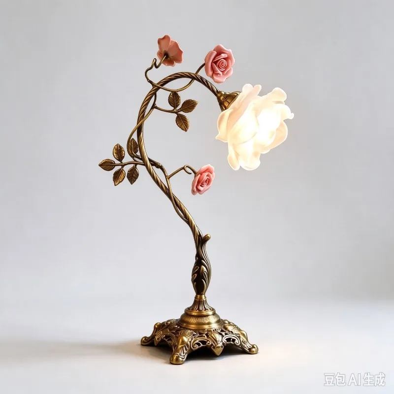 French retro antique brass countryside style rose atmosphere living room bedroom bedside lamp