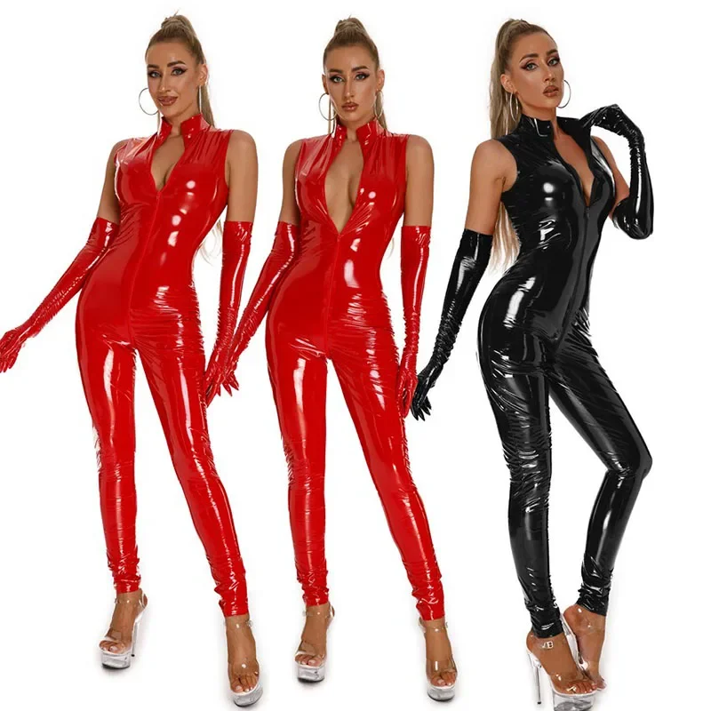 

Sexy Bodysuit Zipper Crotch Nightclub One Piece Leather Jumpsuit