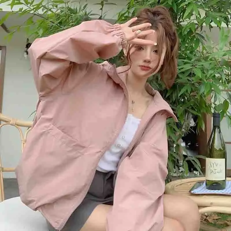 Women Summer Solid Color Loose Fit Sunscreen Clothing Jacket Female New Appear Thin Hooded Long Sleeved Sunscreen Clothing Coat