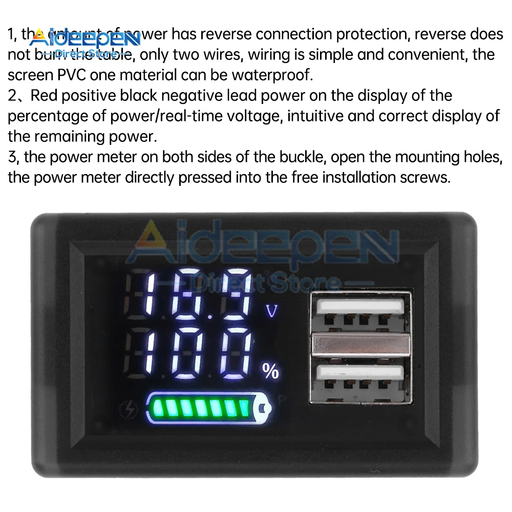 ZFX-3079 DC9-24V Lead-acid Lithium Battery Indicator Universal LED Dual Digital Display Battery Monitor Voltage Meter USB+Type-c