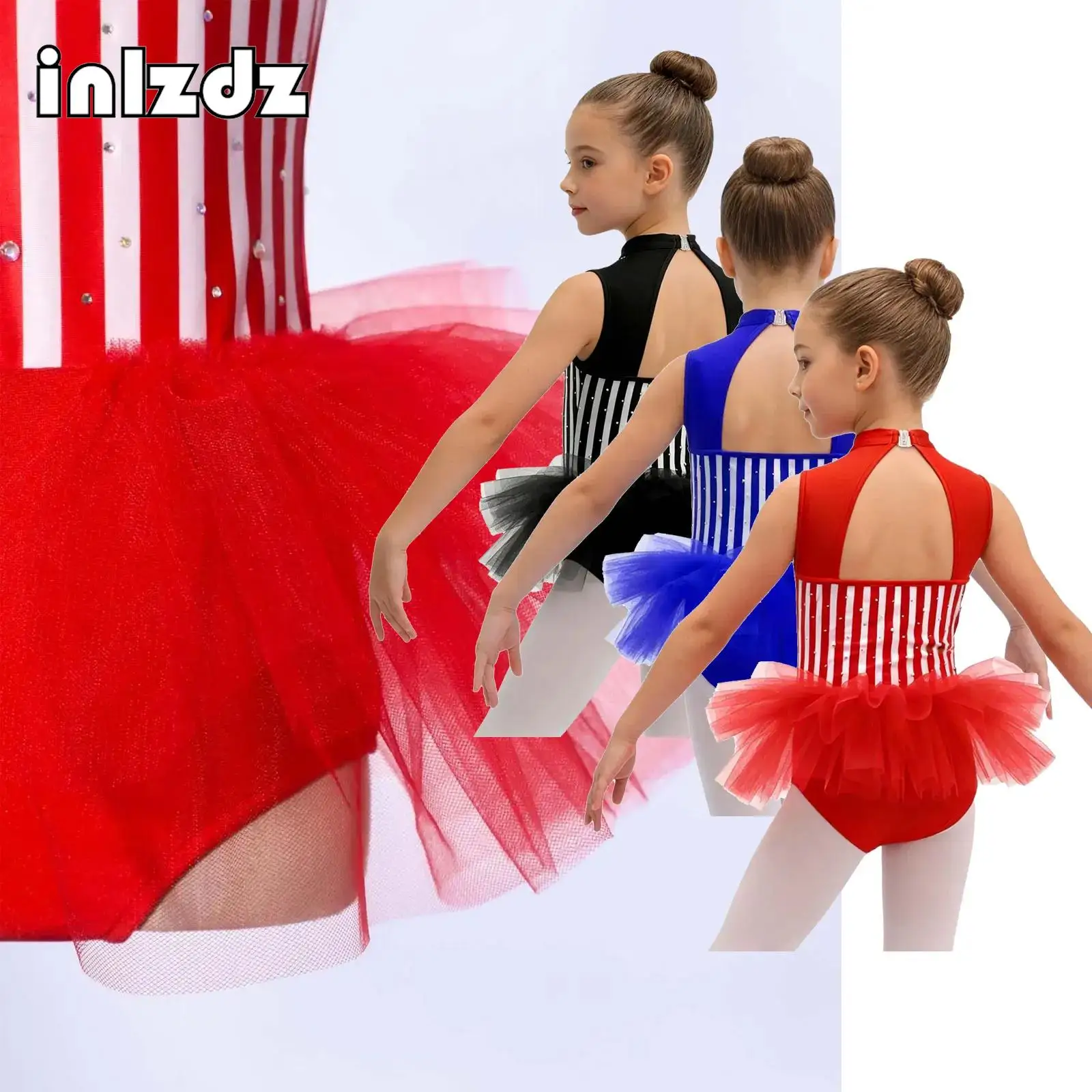 

Girls Stripe Circus Ringmaster Dress Up Costume Rhinestones Sleeveless Cutout Mesh Overlay Stage Bodysuit Ballet Latin Dancewear