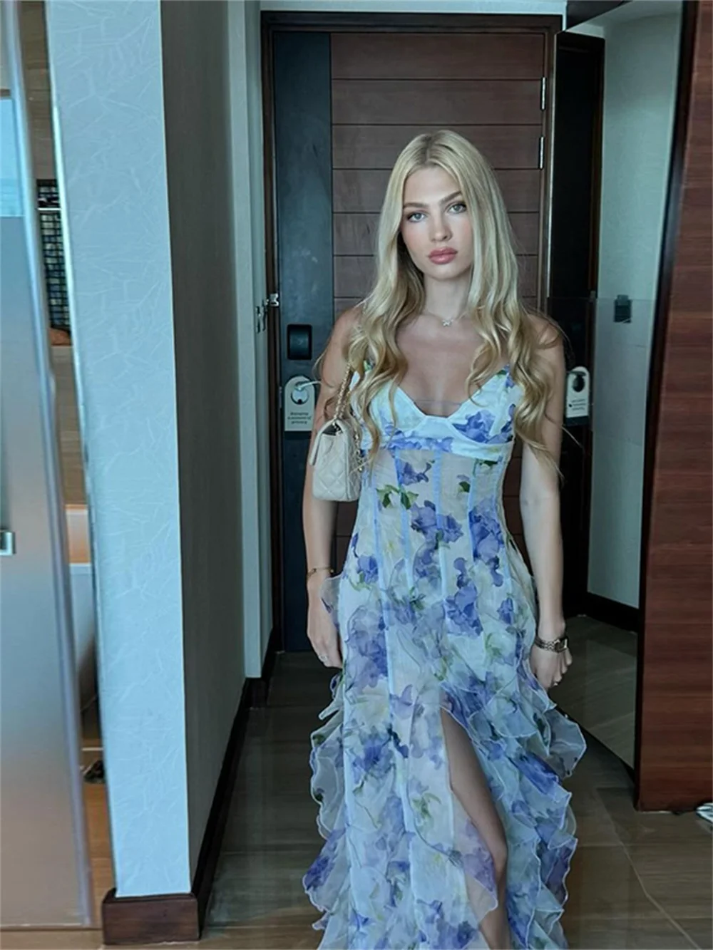 

EINY Chiffon Print Ruffles Slip Dress Women Sexy Strapless Sleeveless Backless Split Party Evening Dresses Chic Ladies Dress y2k