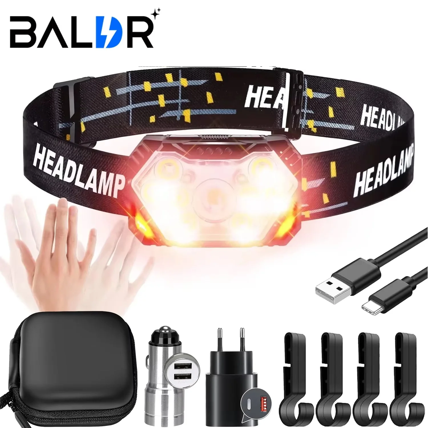 LED Intelligent Sensing Headlight COB Red Light Warning USB Charging Strong Light Outdoor Night Fishing Waterproof Headlight