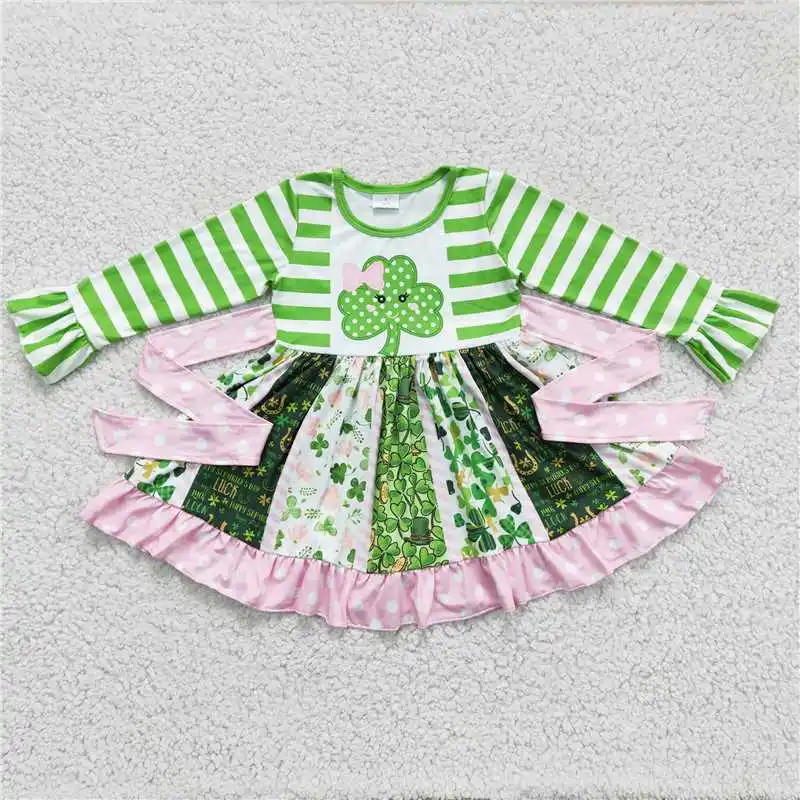 Wholesale Girls Autumn And Winter Long-Sleeved Dress Multi-Element Pattern Four-Leaf clover Flower Color Bright Splicing Ruffle