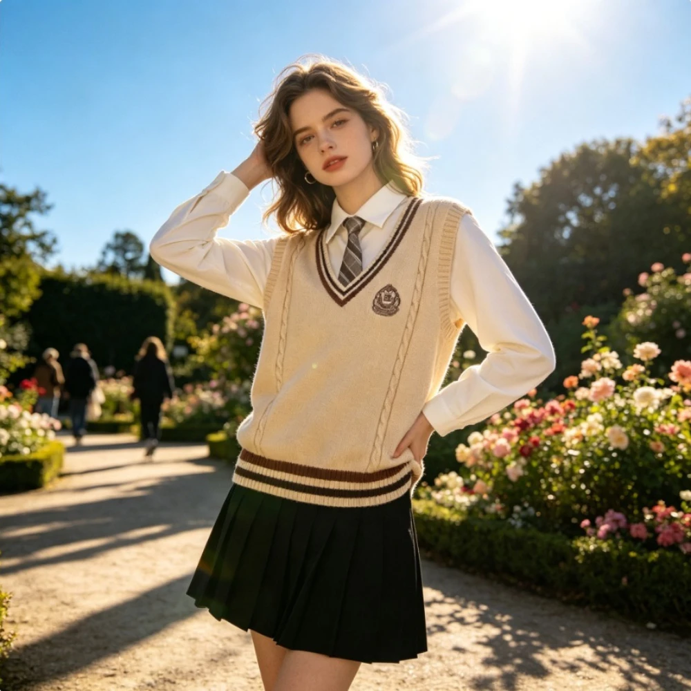 

College Style School Uniform Two-piece Set, Unisex Loose Long Sleeve Shirt & Knitted Vest for Spring Autumn Daily Wear & Cosplay