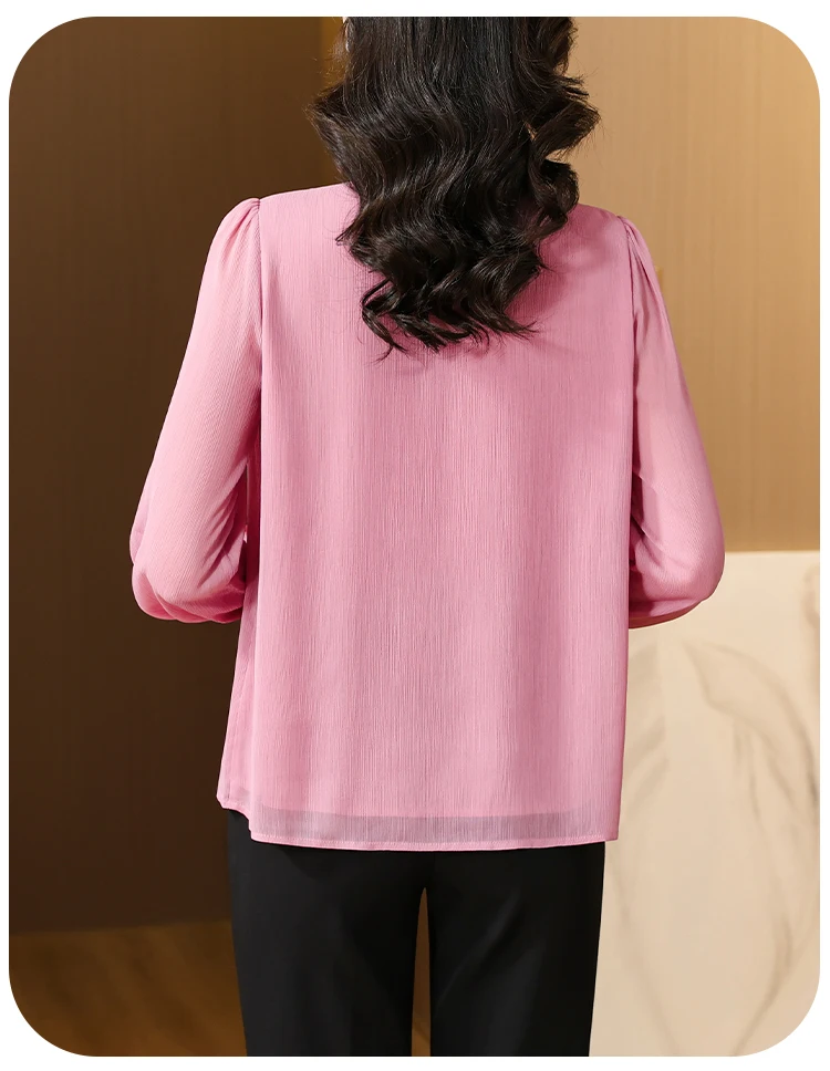 2024 Spring/Summer New Silk Satin Texture Pink Long sleeved Chiffon Shirt Women's Loose Large French Unique Small Shirt Top