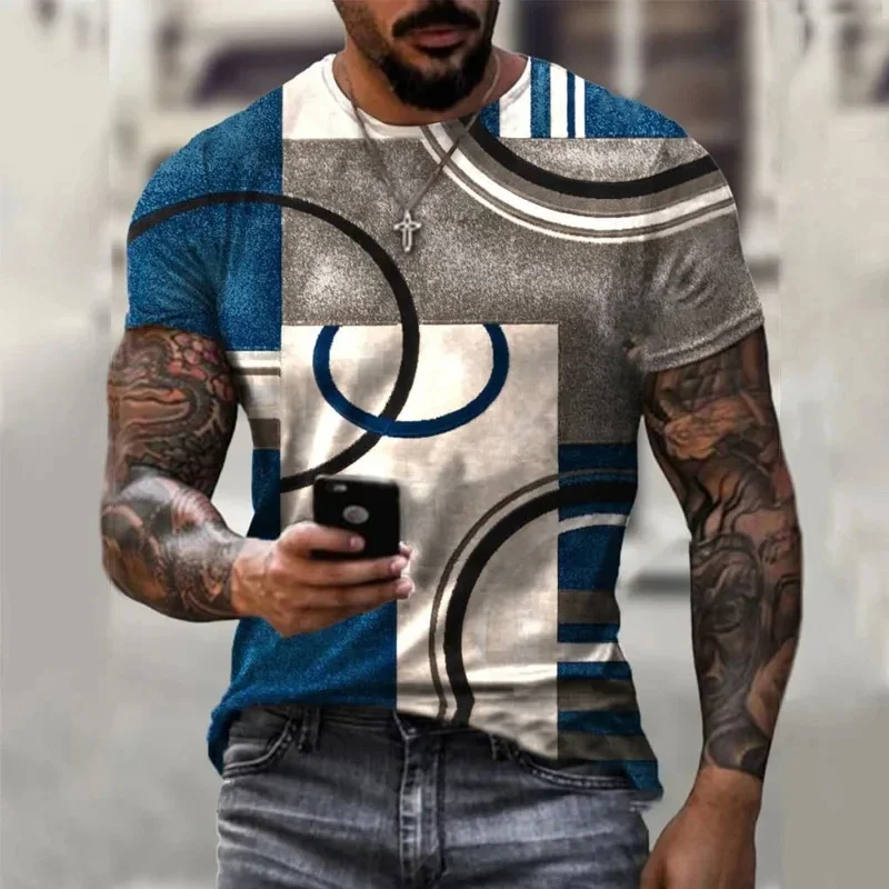 

Vintage Color Block Pattern T-Shirt Men's Retro Stripe 3D Printed Short Sleeve Tees Unisex Oversized Street O-Neck Tops T Shirts