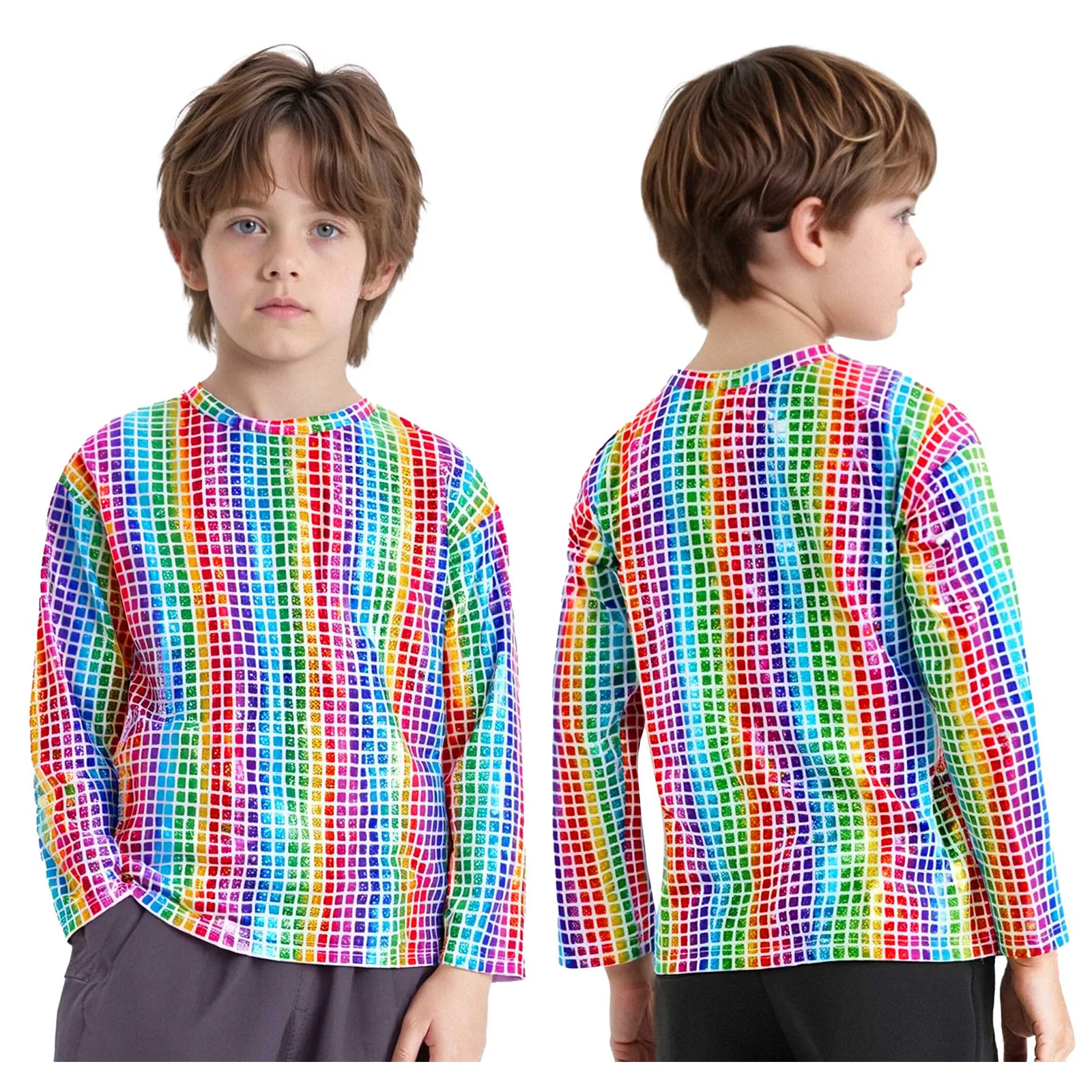 

Kids Girls Boys Jazz Dance Performance Top Metallic Plaid Design Long Sleeve Round Neck T-shirt for Disco Cheerleading Dancewear