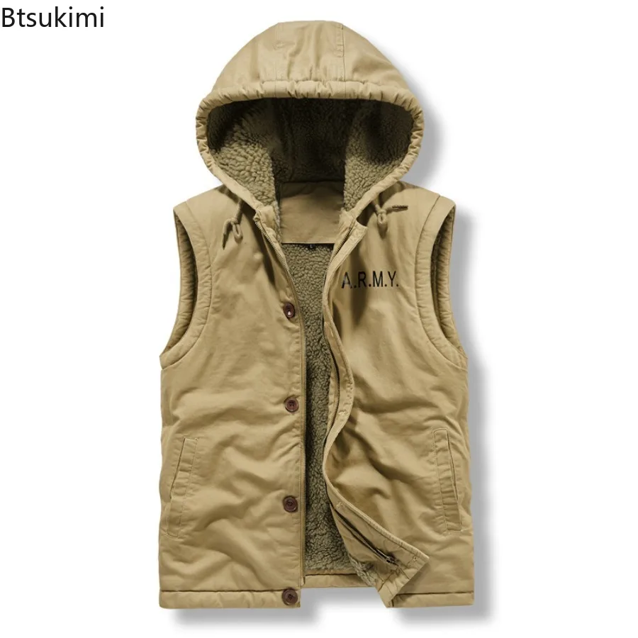 New Men's Autumn Winter Sleeveless Parkas Jacket Outdoor Casual Thicken Lamb Fleece Warm Hooded Vest High-Quality Men Vest Coats