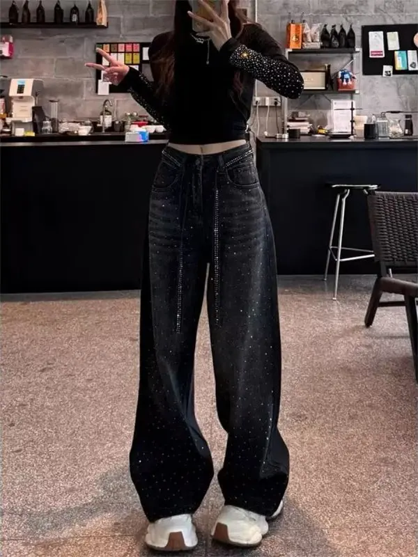 하이웨이스트 와이드 레그 진 여성용 루즈핏 슬림 팬츠 봄 가을 플러스 사이즈 배형 체형 디자인 감각 캐주얼웨어