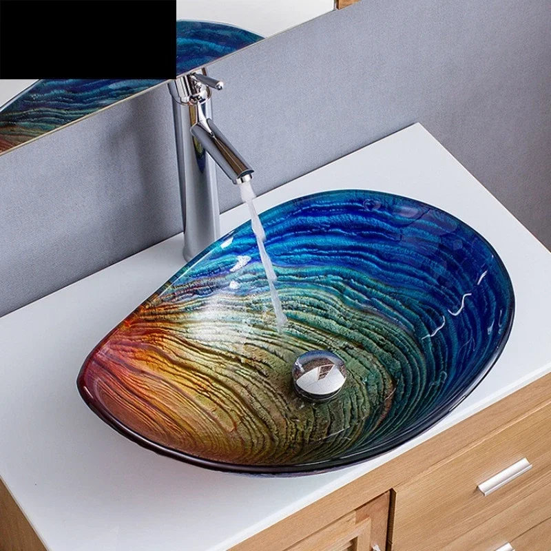 Tempered glass wash basin Hotel creative art basin Oval rainbow water drop Bed and breakfast  blue