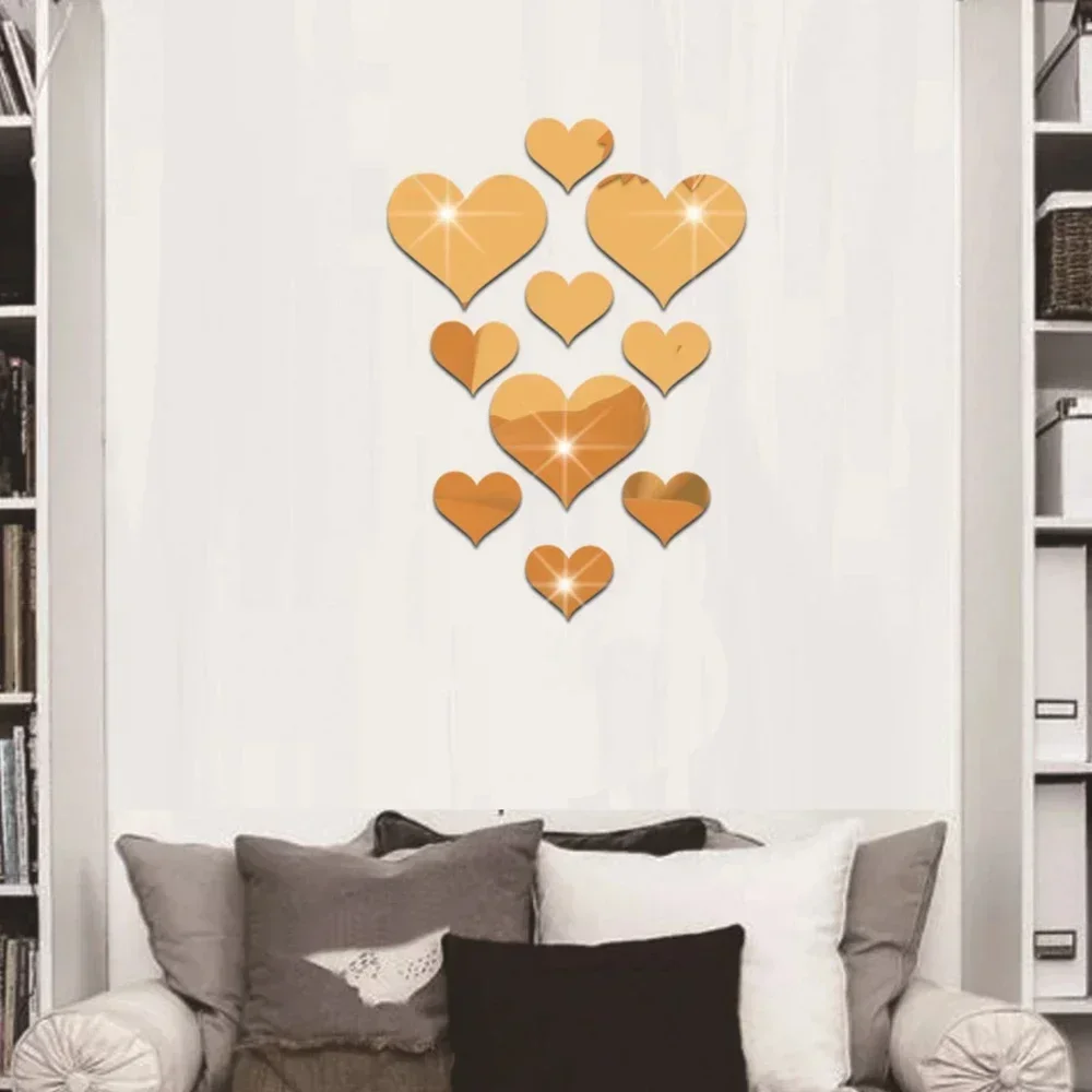 10Pcs/Set Durable Love Heart Stickers DIY Decorative Wall Sticker Mirror Mural 3D Decal Simple Removable Paster Home Decoration