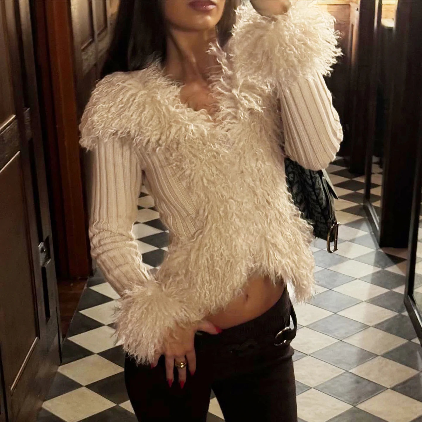 

Женское осенне-зимнее пушистое лоскутное вязаное пальто в рубчик с v-образным вырезом и длинным рукавом на молнии, эластичные тонкие повседневные кардиганы, куртки, уличная одежда