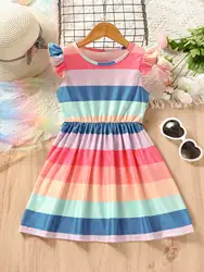 Vibrant Rainbow Stripes Princess Dress for Girls - Perfect for Beach Birthday Parties, and Summer Outfits