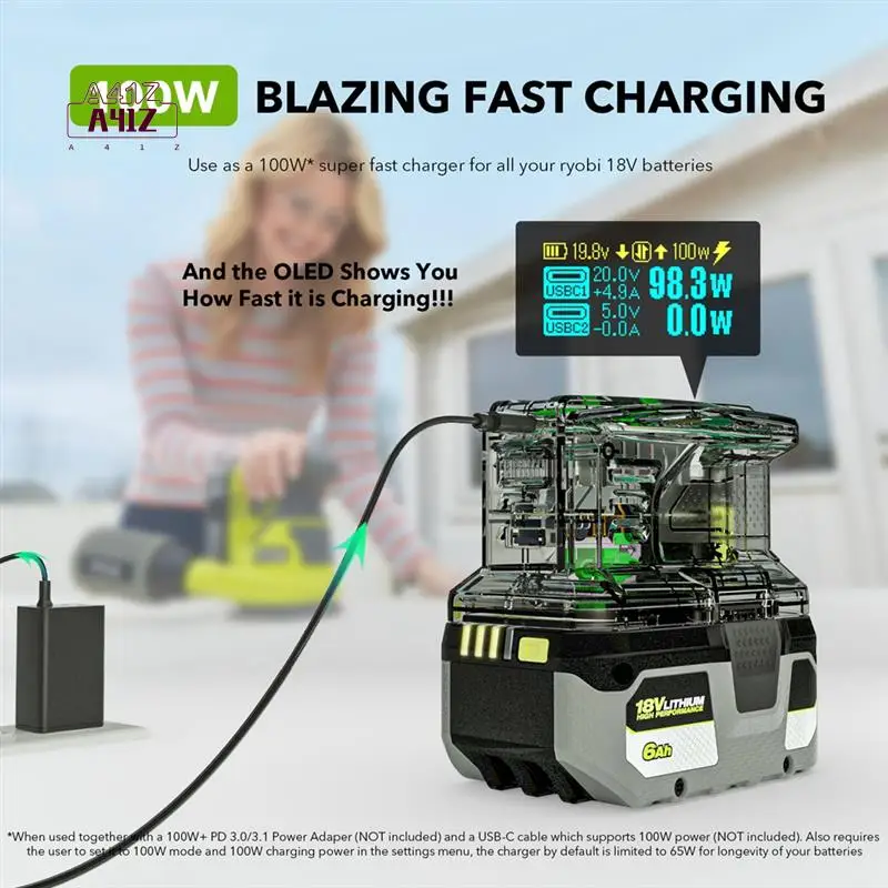 

A41Z-Fast Charger For RYOBI 18V ONE+ Battery Recharger Lithium Battery 100W Fast Charge USB Port Two-Way Charger PSC