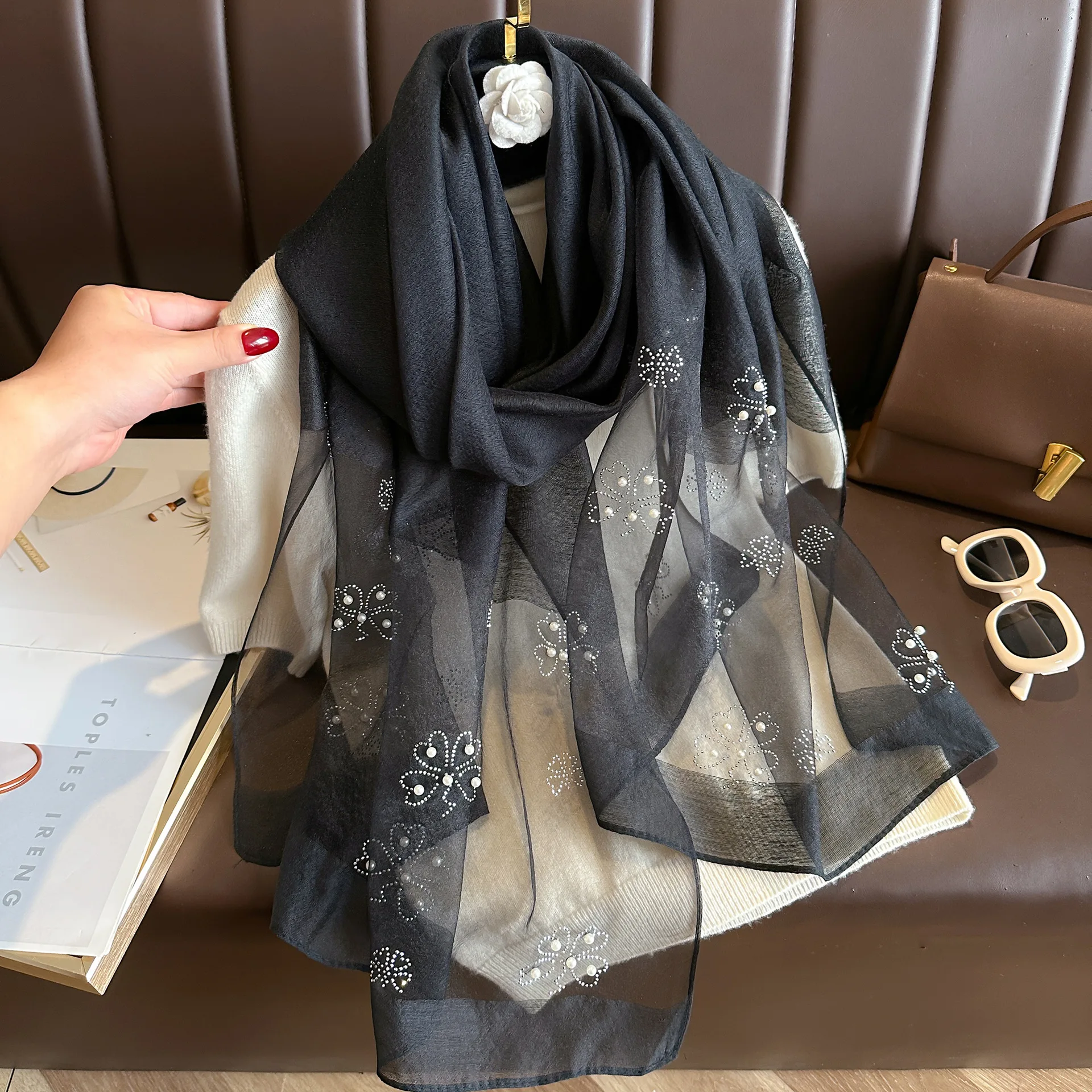 Perle Koreanische Blume Stickerei Schal Elegante Strass Dünne Seide Schal Rose Luxus Frauen Hijab Schals Dame – Detail 8
