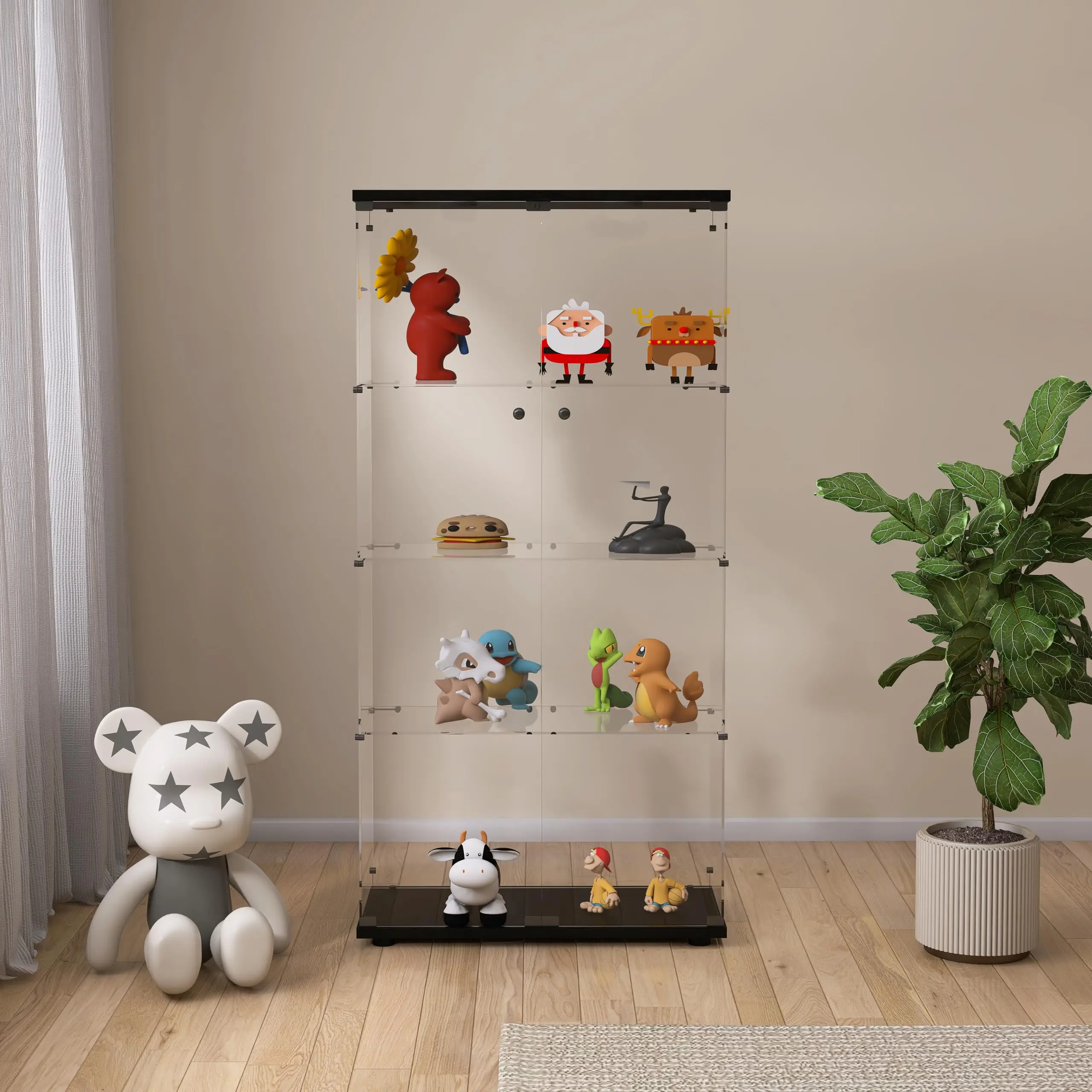 Modern 4-Tier Two-Door Glass Display Cabinet Shelves with Door Floor Standing Curio Glass Countertop Display Bookshelf