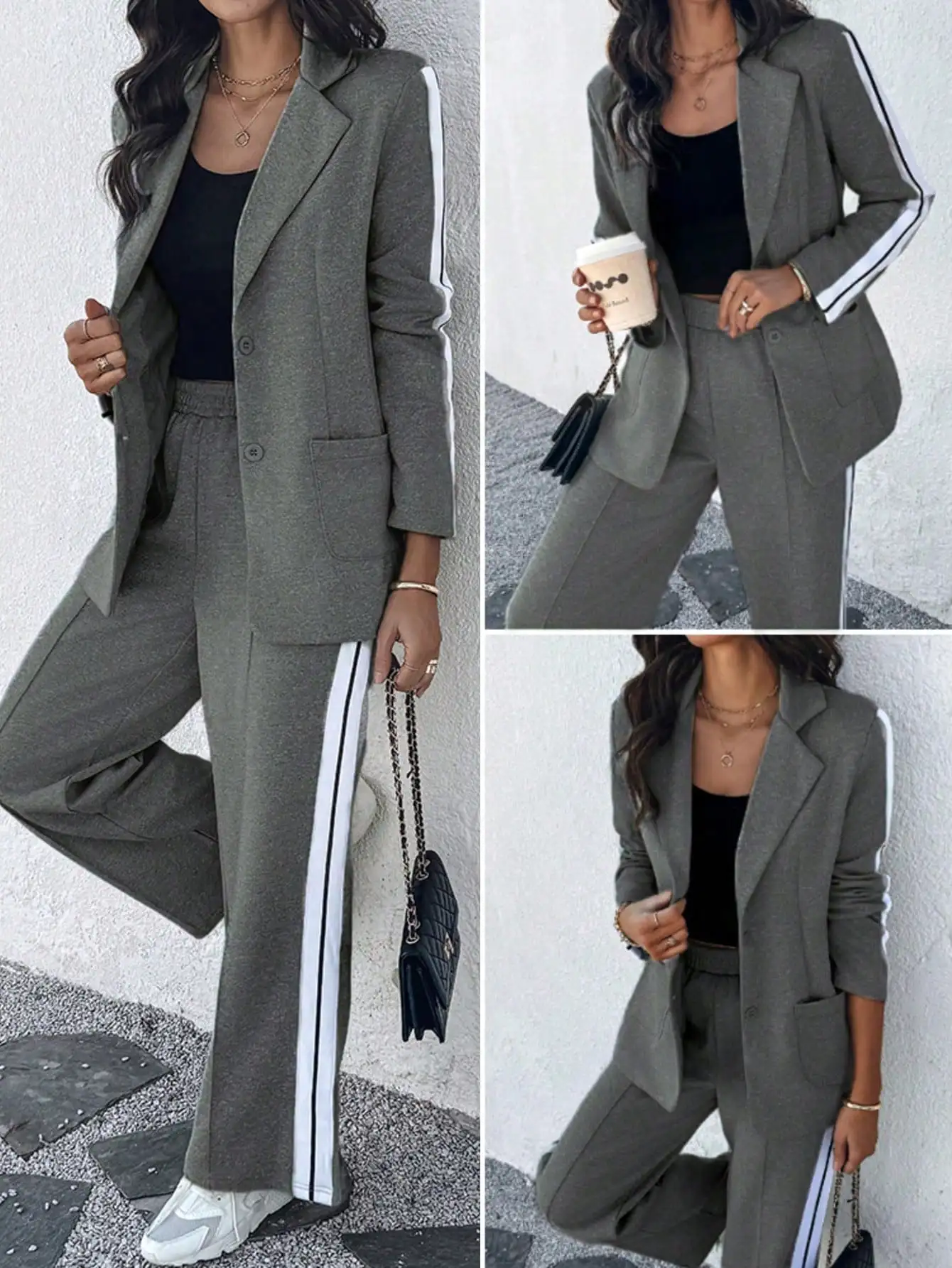 

Спортивный комплект: куртка с полосками, воротником с вырезами по бокам и застежкой на пуговицах, а также брюки-палаццо