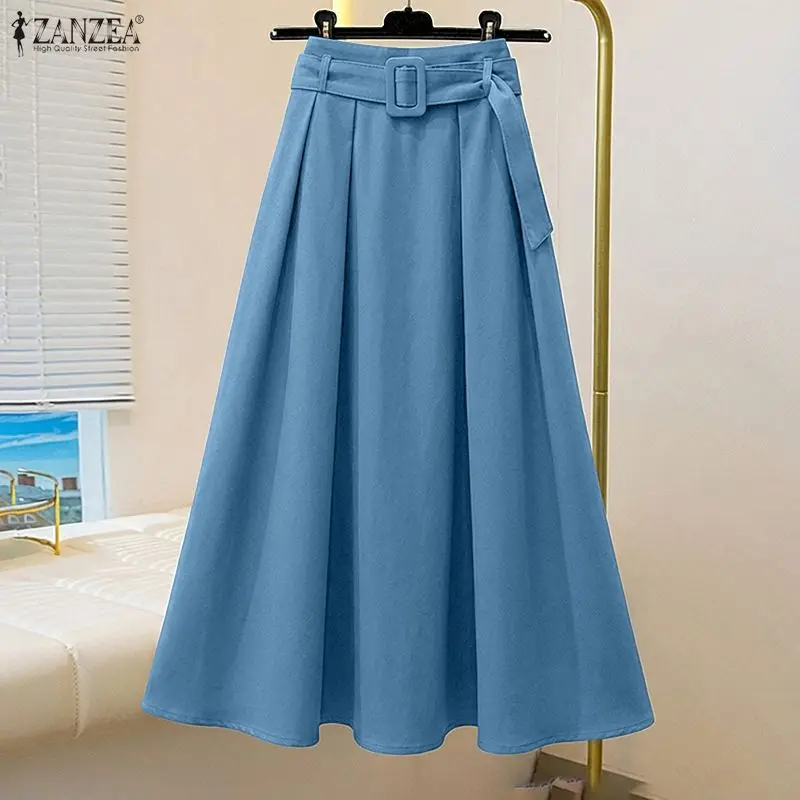 

2026 ZANZEA Весенняя женская юбка из искусственного денима синего цвета, стильная, А-силуэта, повседневная, элегантная, для офиса, плиссированная