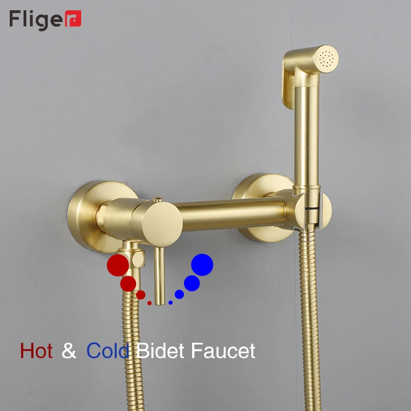 Fliger Gold Bidet Faucet Brass Handheld Bidet Sprayer Set Hot Cold Water Toilet Faucets Shower Head Self Cleaning